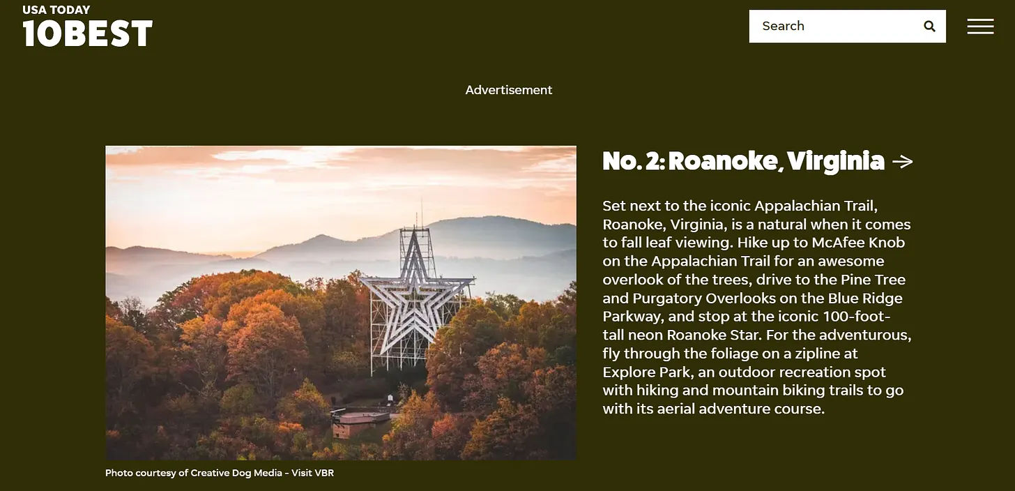 Roanoke named a top destination on USA Today