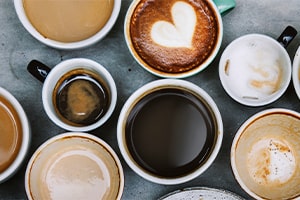 different drinks from above in a coffee shop