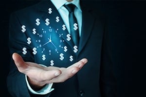 graphic of business broker holding out a hand with clock and money signs