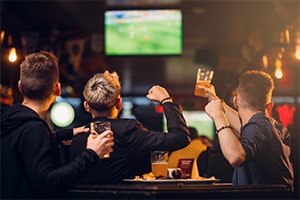 bar patrons raising drink in sports bar